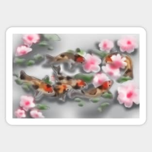 Cherry blossoms and koi carp in grey water Sticker